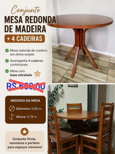 Mesa redonda madeira maciça + 4 cadeiras + 4 almofadas