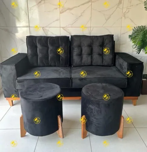 Sofá 3 lugares azul com puff