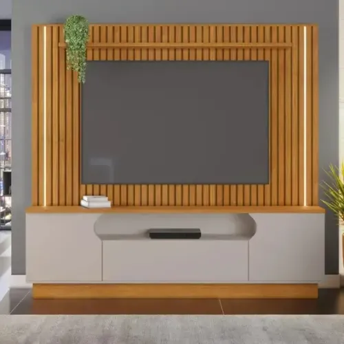 Estante Afago Com Luz De Luz E Detalhe Ripado Na Madeira Cinamomo/Off White - Em Oferta