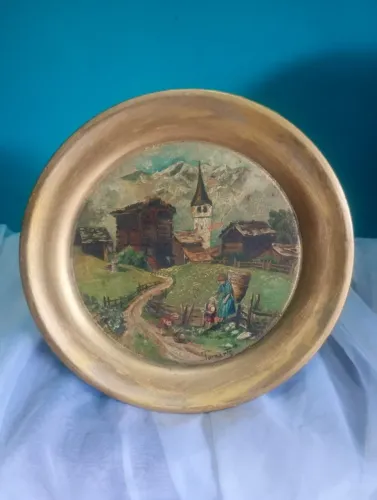 Antigo prato de parede em madeira Pintado a mão - Itália
