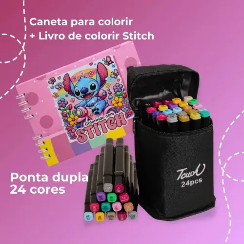Kit Completo Livro Colorir Stitch + Canetinha Touch 24 Cores