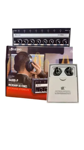 MICROAMP DE FONES - 8 CANAIS STEREOS VEDO HA800-P + Fone De Ouvido Kz Edx Pro Dj