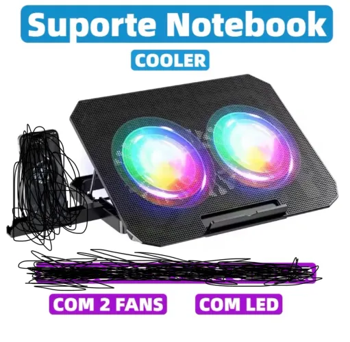 Suporte notebook gamer com 2 coolers rgb ajustável