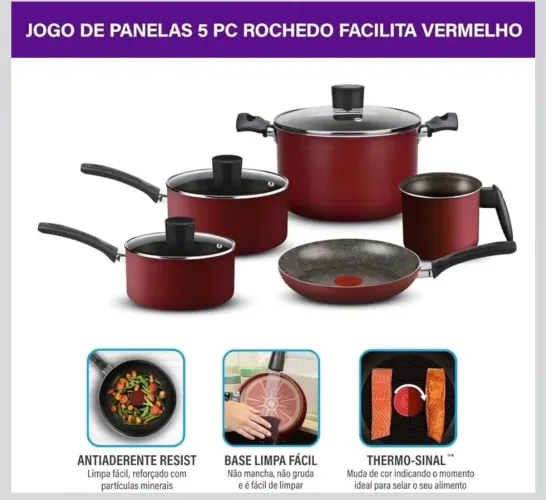 Rochedo Jogo de Panelas Facilita Vermelho 5 Peças Antiaderente Resist com Thermo-Sinal
