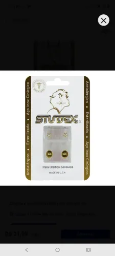 Studex para orelha sensível: antialérgico, esterelizado, aço inox cirúrgico.