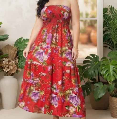 Vestido longo vermelho estampado busto de lastex amarração no pescoço feminino