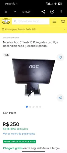 Monitor Aoc 511vwb slim 15 Polegadas Lcd Vga Recondicionado 
