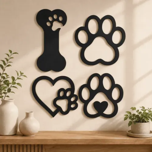 Kit 4 Quadros Decorativo Mdf Pet Patinhas Coração E Osso