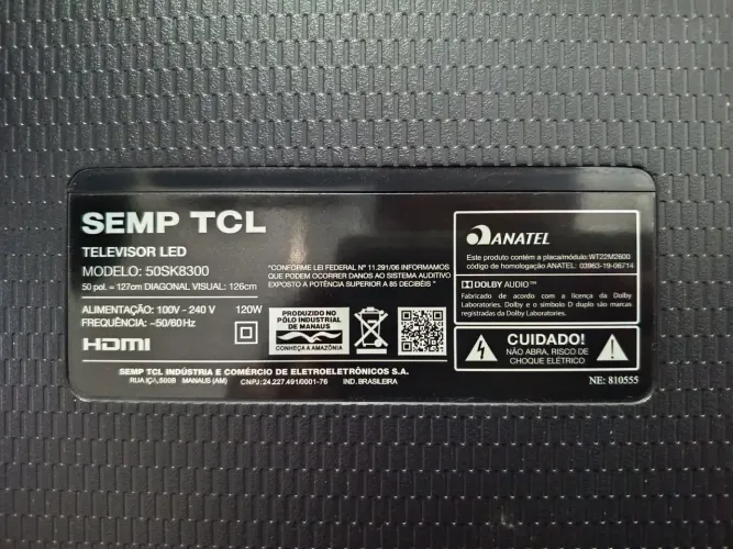 TV Semp TCL 50" 4K - Modelo 50SK8300 com defeito