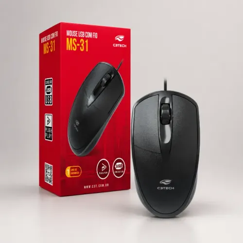 Mouse C3Tech MS-31BK USB Preto Novo | Óptico 1000 DPI | Garantia 1 Ano