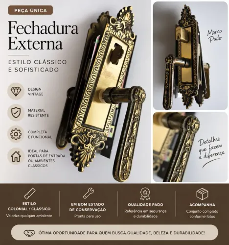 Fechadura Pado Colonial Clássica com Maçanetas - Dourada Envelhecida