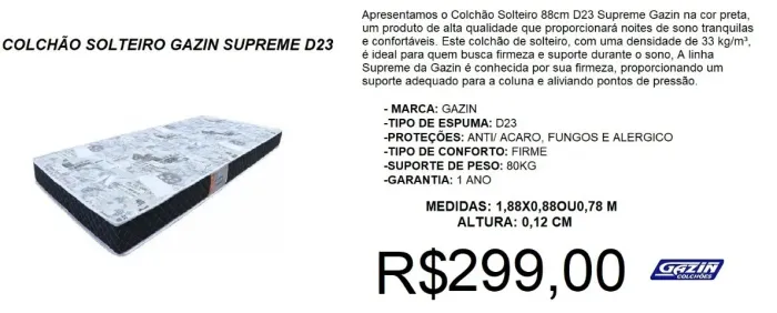 Colchão de solteiro d23 gazin - temos a pronta entrega 