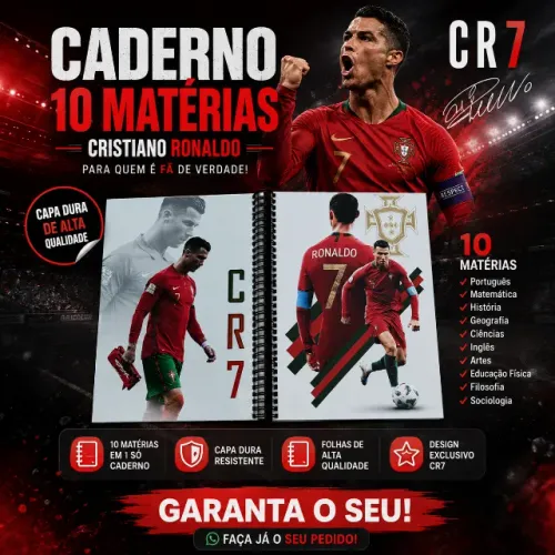 Caderno 10 Matérias Cristiano Ronaldo CR7 | Capa Dura de Alta Qualidade