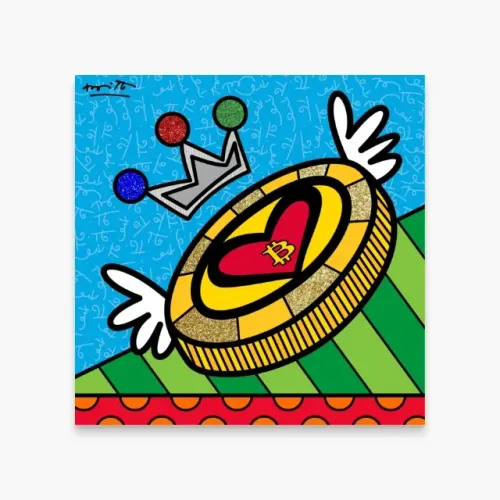Print Romero Britto Holy Bitcoin Diamond Dust 25x25 Tubo CoA Hologram
