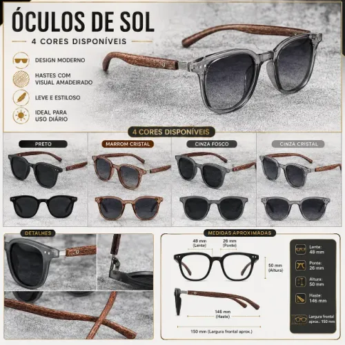 Óculos de Sol Masculino, Feminino, Unissex Perna imitando madeira Proteção UV
