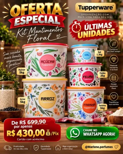 Kit mantimentos Floral Tupperware com 5 Vasilhas