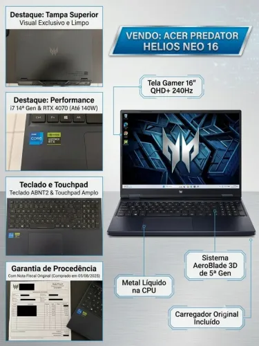 ? Predator Helios Neo 16 | i7 14ª Gen + RTX 4070 (Com Nota Fiscal)