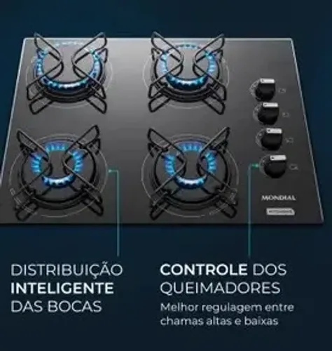 Cooktop 4 Bocas a Gás GLP Mondial Mesa de Vidro Acendimento Automático - Bivolt