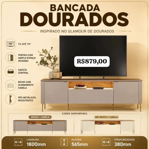 Rack bancada dourados para tv de ate 75"