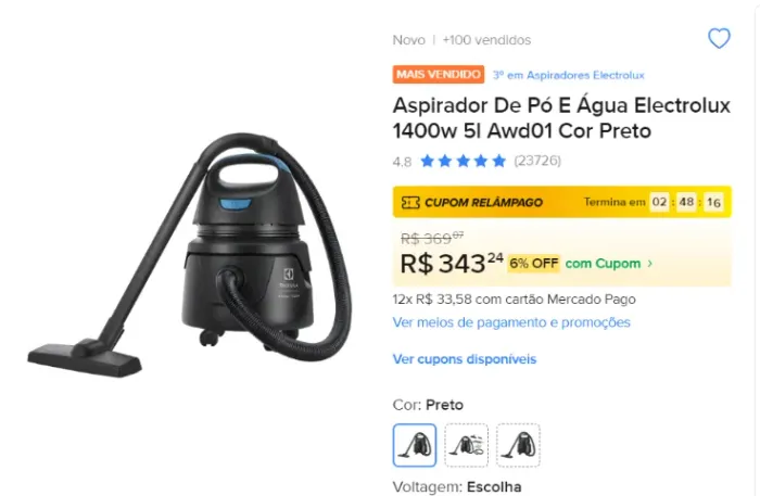 Aspirador De Pó E Água Electrolux 1400w 5l Awd01 Cor Preto