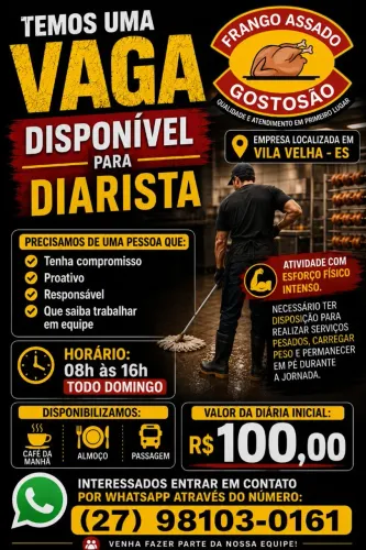 Temos vaga para DIARISTA FIXO