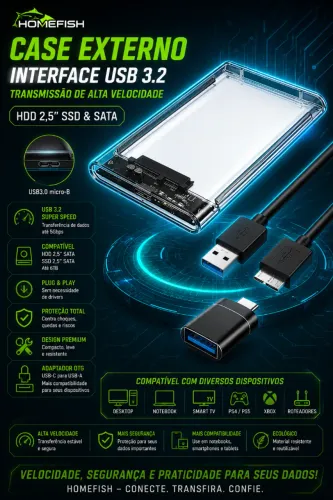 Case Externo Homefish Interface USB 3.2 Alta Velocidade HDD 2,5' SSD & SATA (NOVO/LACRADO)