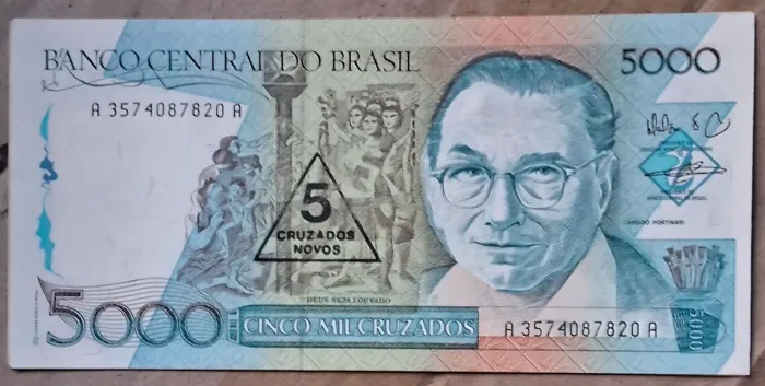 CÉDULA DE CINCO MIL CRUZADOS COM CARIMBO DE 5 CRUZADOS NOVOS FE.