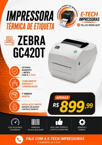 Impressora de Etiquetas Zebra GC420T mesma ZD220 Impressão com e sem ribbon
