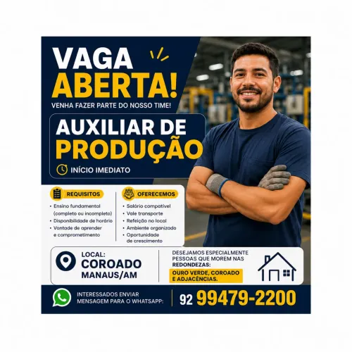 Vaga para Aux de produção ( QUE MOREM NO COROADO E ADJACÊNCIAS)