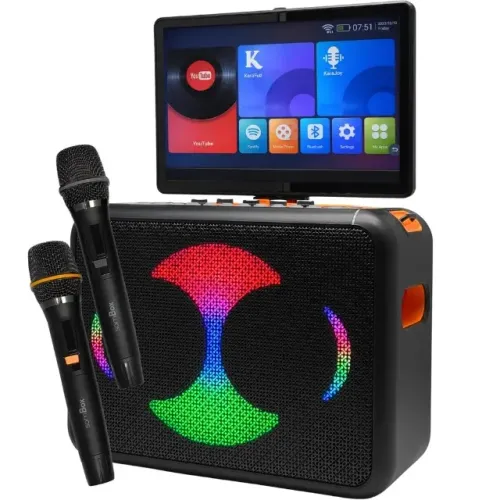 Caixa de Som Karaokê SomBox D-XK421 200W Profissional com Tela e Microfones