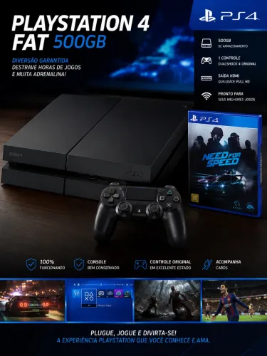 PS4 Fat 500GB + Controle Original + Need for Speed - Impecável