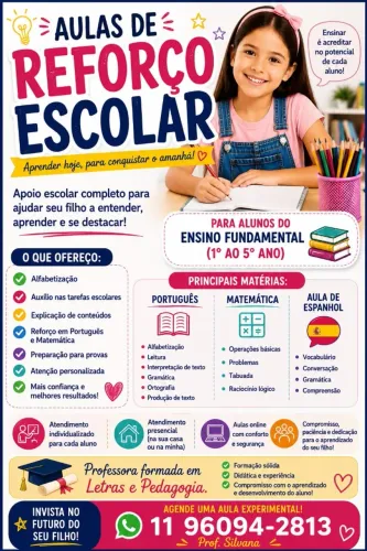 Reforço escolar, alfabetização, Português e Matemática 1° ao 5° ano do ensino fundamental