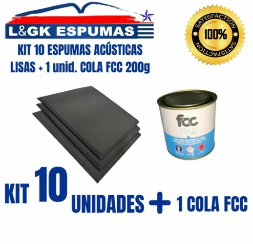 Kit 10 unidades de espuma acústica lisa 50x50x2 cm + 1 unid. Cola adesiva FCC 200g