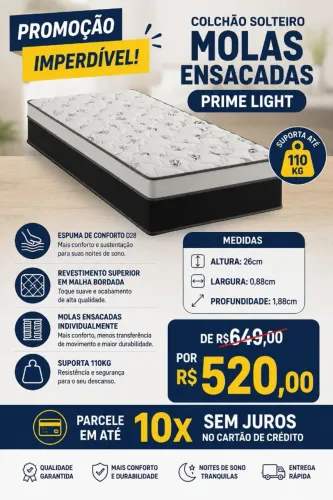 Colchão Solteiro de Molas Ensacadas Prime Light EM ESTOQUE