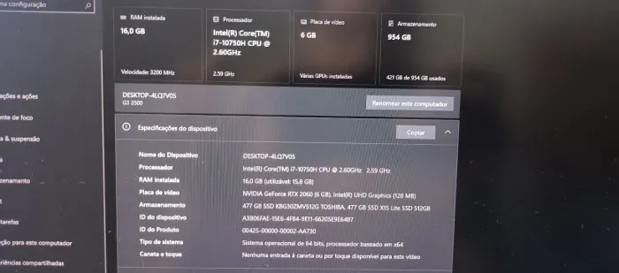 Dell G3 15 3500 com i7 10750H e RTX 2060 6gb, 16gb de ram 512 ssd nvme