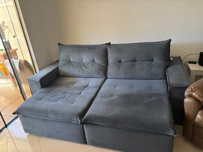 Sofá Retrátil e Reclinável Azul Naval Suede com Pillow Top