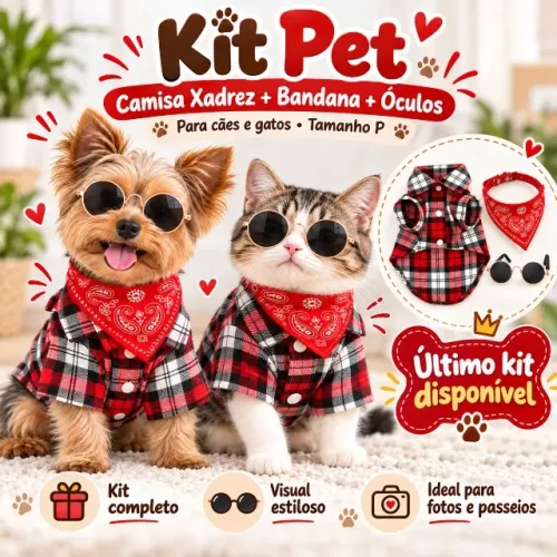 KIT COMPLETO PARA PET - CAMISA XADREZ + COLEIRA COM BANDANA + ÓCULOS