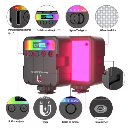 Luz de LED Ulanzi VL49 RGB p/ tripés, suportes e smartphones