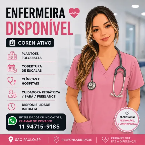 Enfermeira Disponível em São Paulo | Plantões aos finais de semana