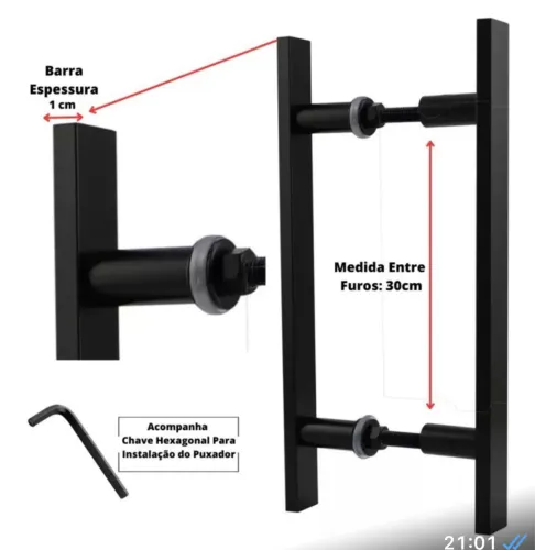 Puxador H portas box vidro
