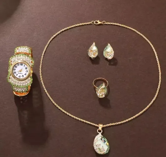 Conjunto de jóias feminino com relógio, brincos, anel e colar