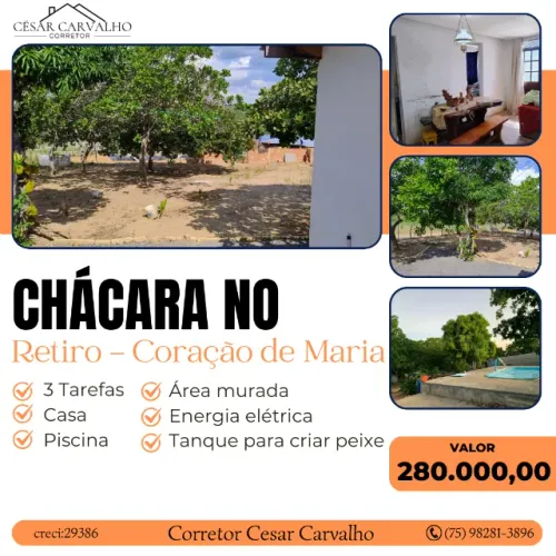 CHÁCARA NO RETIRO DE CORAÇÃO DE MARIA - 3 TAREFAS