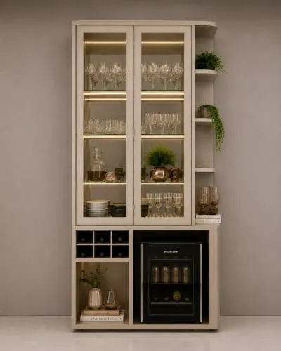 Cristaleira Bar em MDF Restaurada com LED e Nicho para Adega/Frigobar