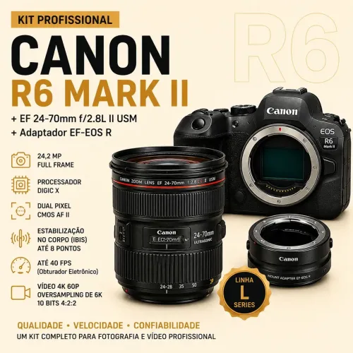 KIT Câmera Canon EOS R6 + Lente Canon EF 24-70mm + adaptador EF-EOS R