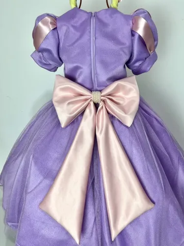 ? Vestido Infantil Princesa Rapunzel - Luxo Lilás com Trança e Laços ?