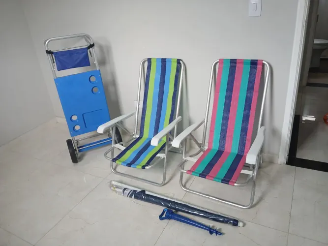 Kit Praia Completo - 2 Cadeiras + Carrinho + Guarda-sol+Fura areia