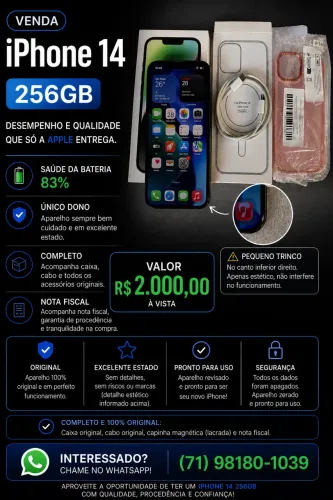 iPhone 14 256gb único dono completo oportunidade 