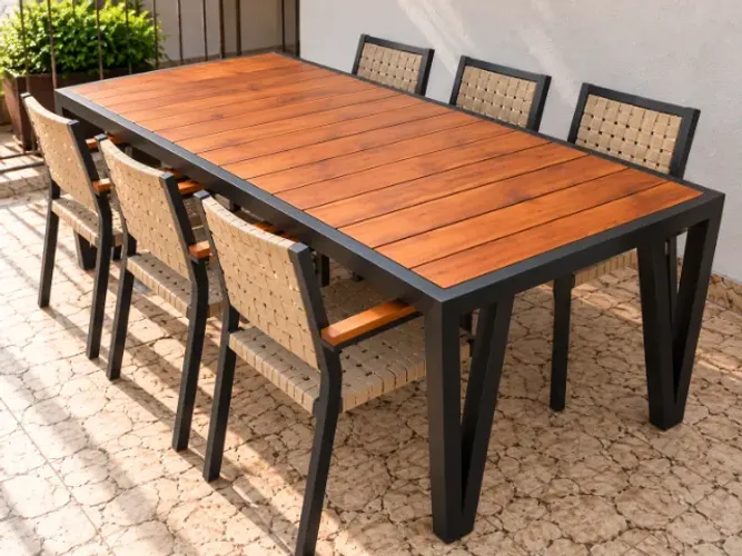 Mesa de Jantar 2,20m com 6 Cadeiras Madeira e Ferro