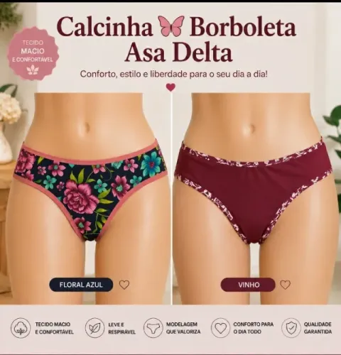 KIT COM 5 CALCINHAS BORBOLETA ASA DELTA CONFORTO SEM ELÁSTICO