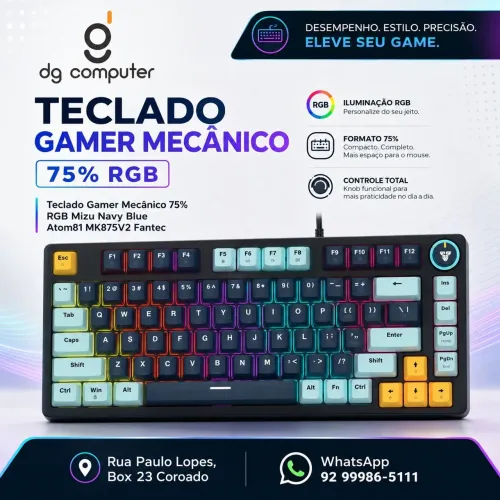Teclado Gamer Mecânico 75% RGB Mizu Navy Blue Fantech<br><br>*R$ 180,00*
